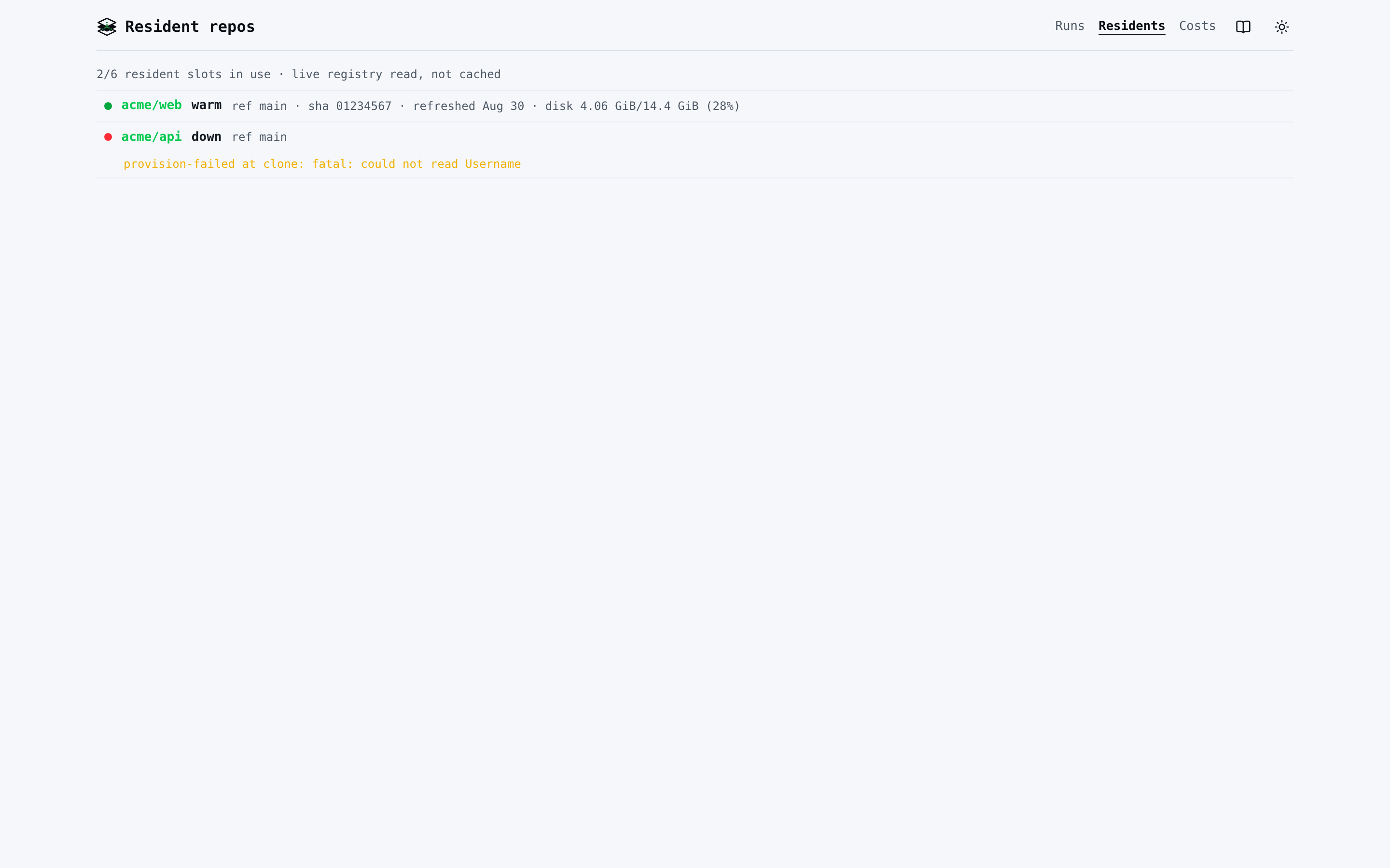 Screenshot of the residents page on the dashboard: one row per onboarded repository with its state.