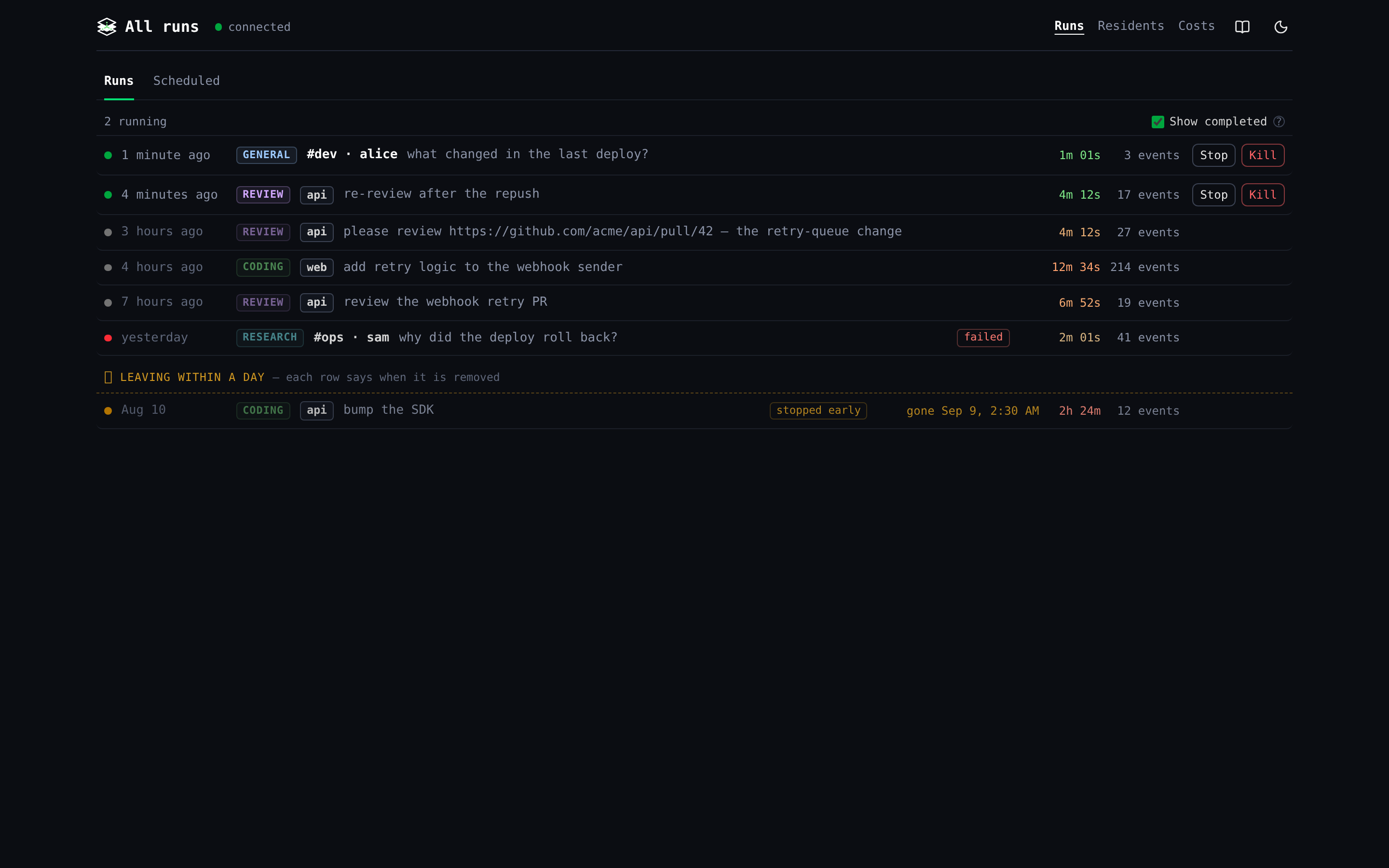 Screenshot of the runs index on the dashboard: live runs with their agent, duration and stop controls, then finished ones.