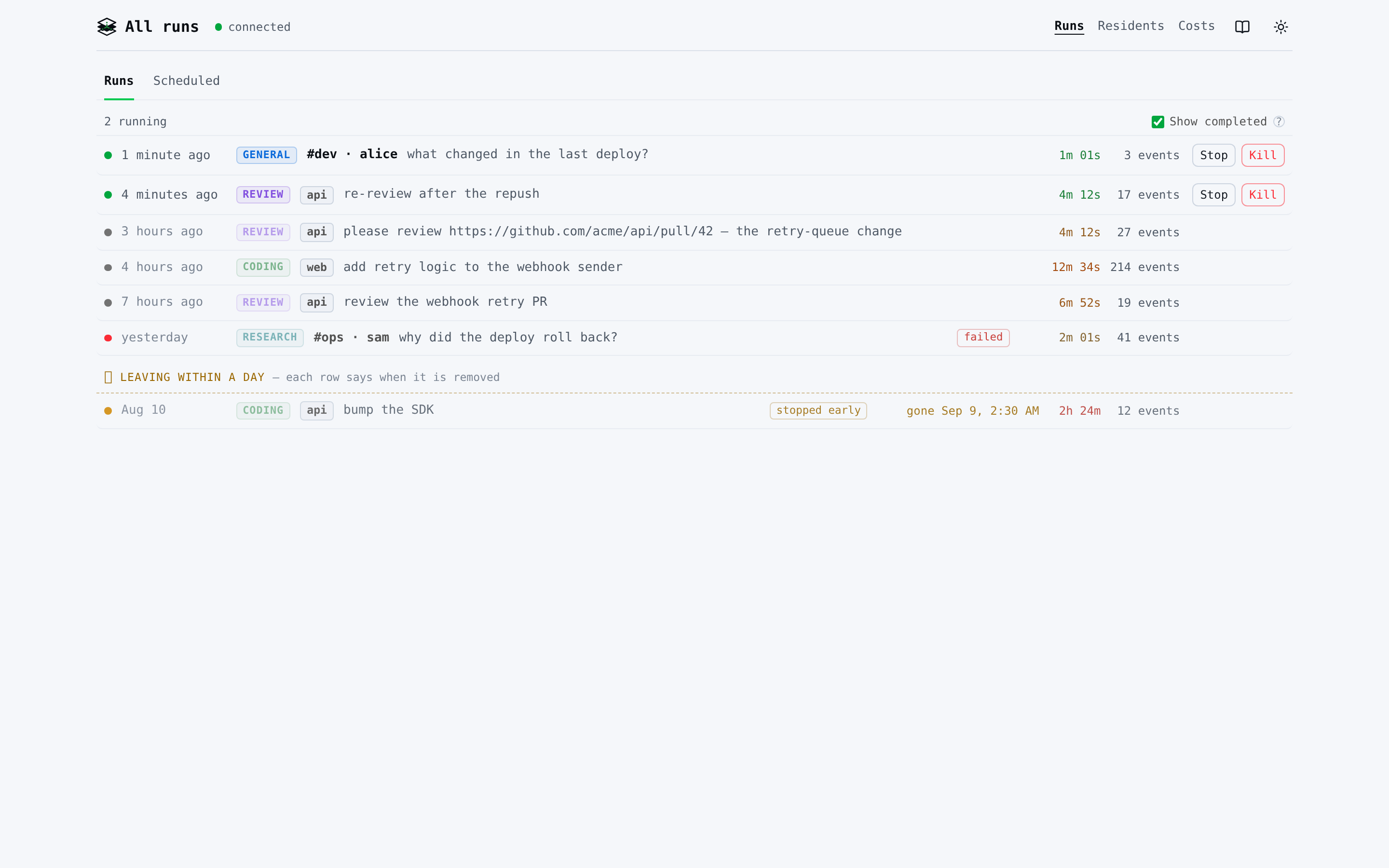 Screenshot of the runs index on the dashboard: live runs with their agent, duration and stop controls, then finished ones.